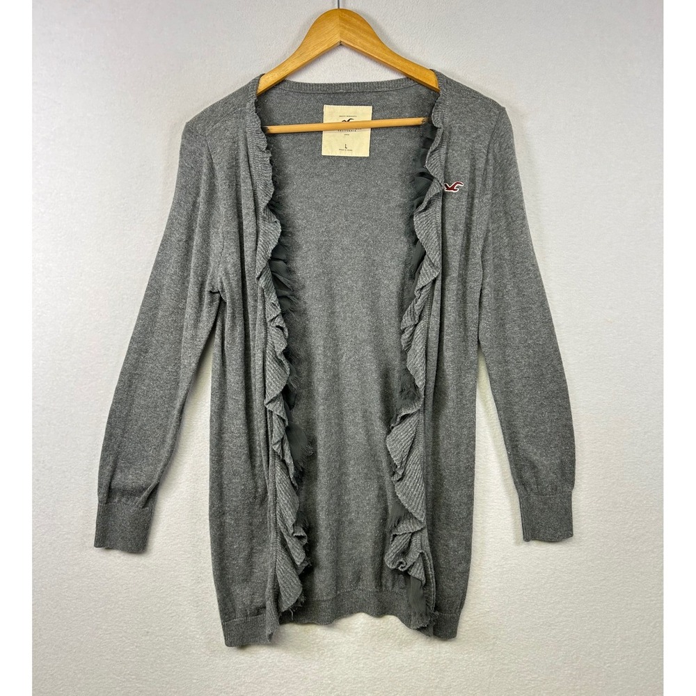 Y2K Hollister Women's Grey Ruffle Cardigan‎ Sweater Size L Long Sleeve